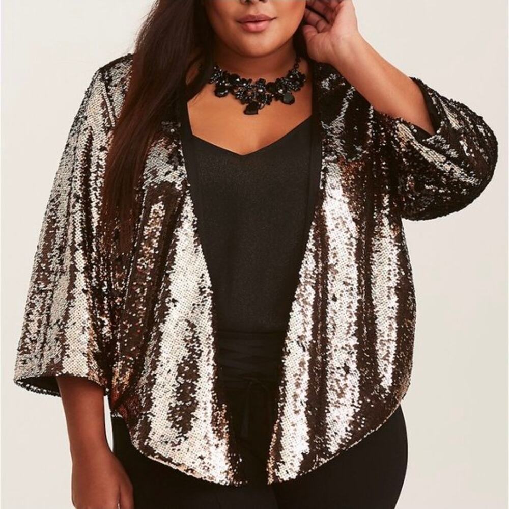 NWT Torrid Gold Black Sequin Drape Open Kimono Jacket Asymmetrical Size 1/2